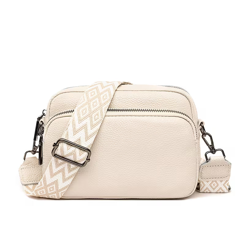 Genuine Leather Contrast Strap Shoulder Bag