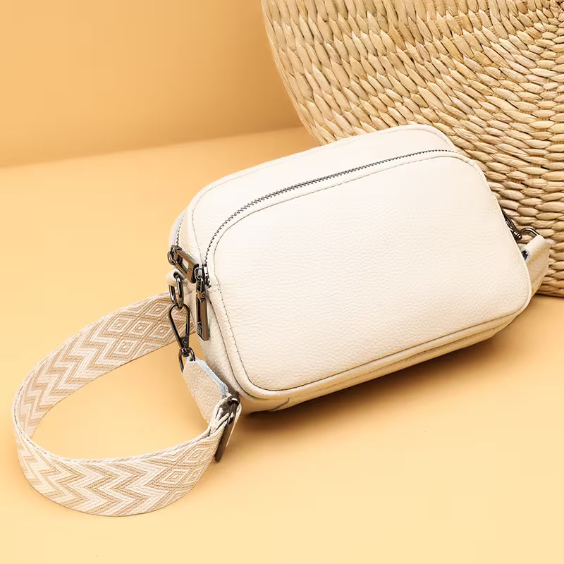 Genuine Leather Contrast Strap Shoulder Bag