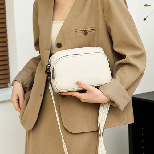 Genuine Leather Contrast Strap Shoulder Bag