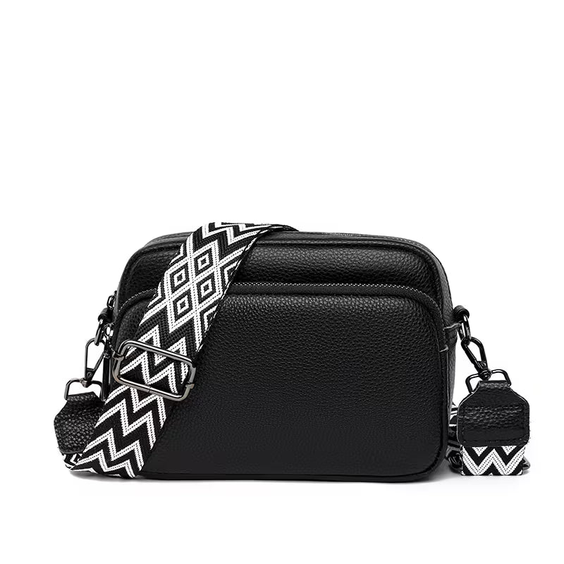 Genuine Leather Contrast Strap Shoulder Bag
