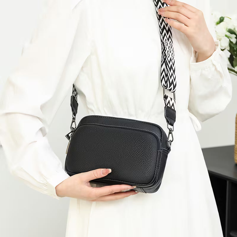 Genuine Leather Contrast Strap Shoulder Bag